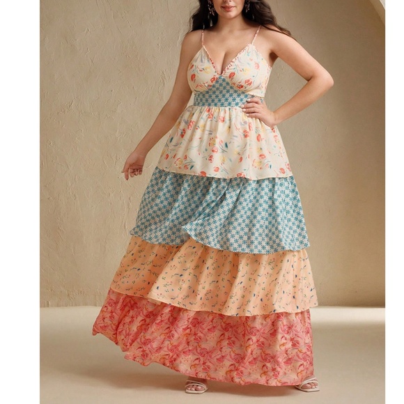 Boho Floral Print Layered Tiered Ruffle Hem Tie Back Cami maxi Dress - Picture 7 of 9